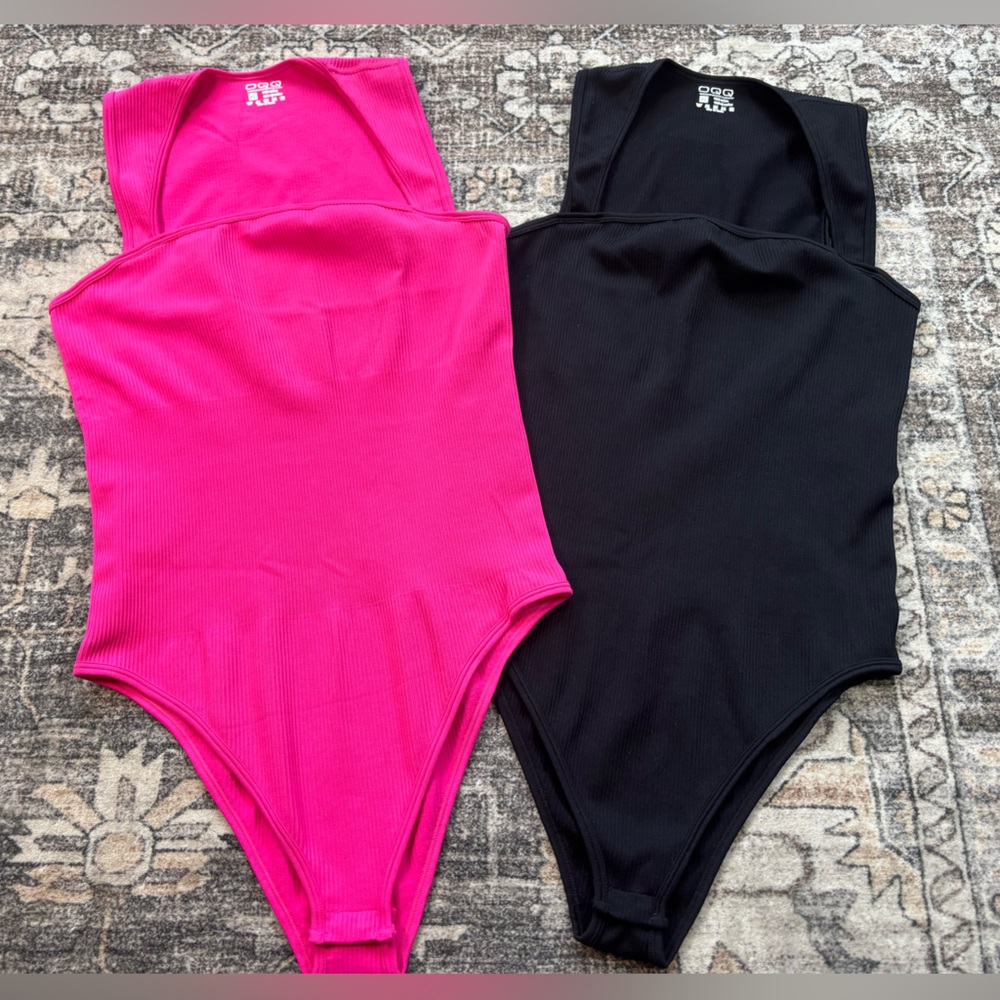 OQQ Ribbed Bodysuit Tank Top Set of 2 Sleeveless Black‎ and Hot Pink Womens XL